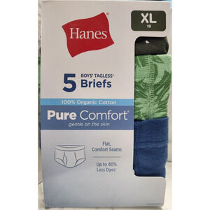Hanes Boys' Tagless Briefs 5 Pair, Size XLarge (16-18) 100% Organic Cotton, New